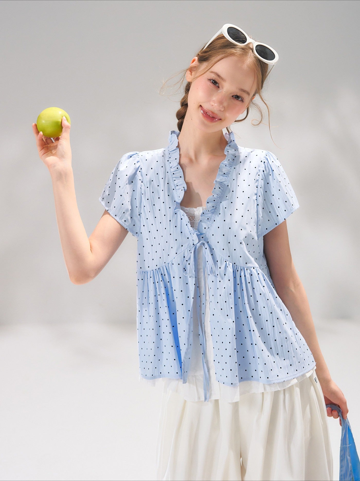 Ruffled Trim Polka Dot Layered Blouse