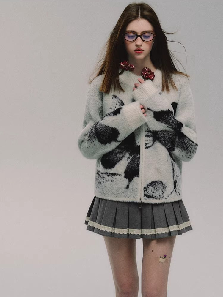 Double-Zip Jacquard Knit Cardigan