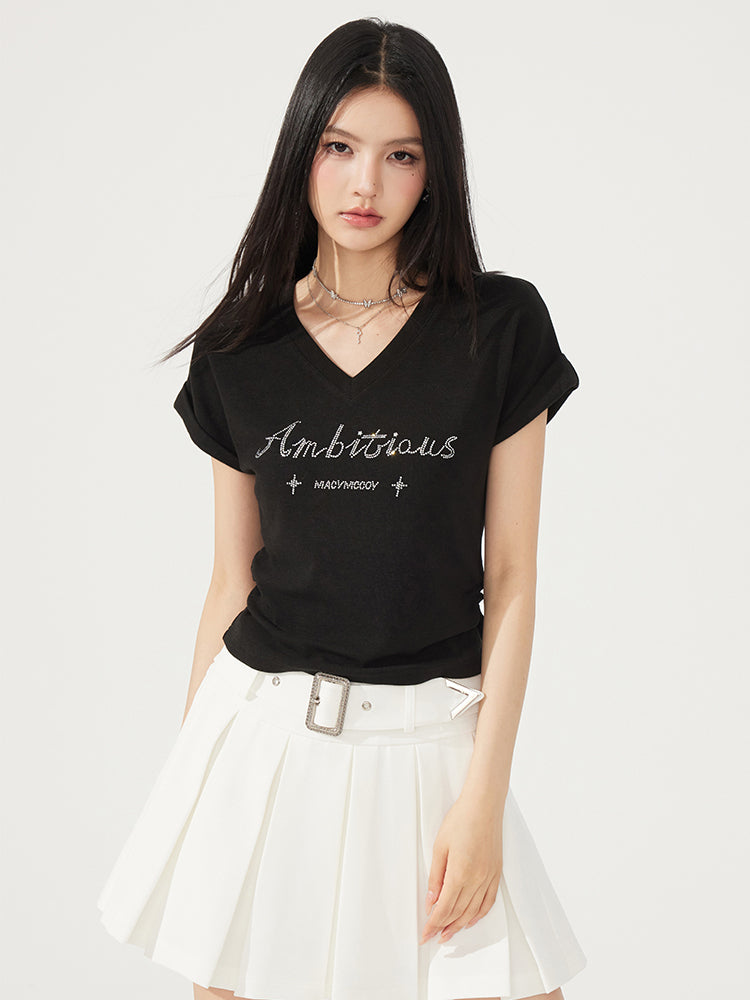 V-neck Waist-cinching Rhinestone Tee - CHINASQUAD
