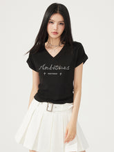 V-neck Waist-cinching Rhinestone Tee - CHINASQUAD