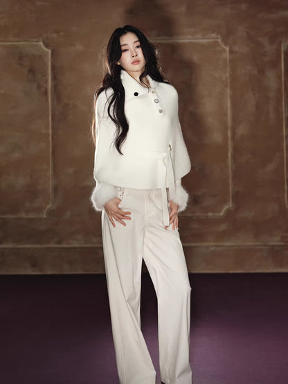 Faux Fur Base Top &amp; Waist-Cinching Cape Knit Set