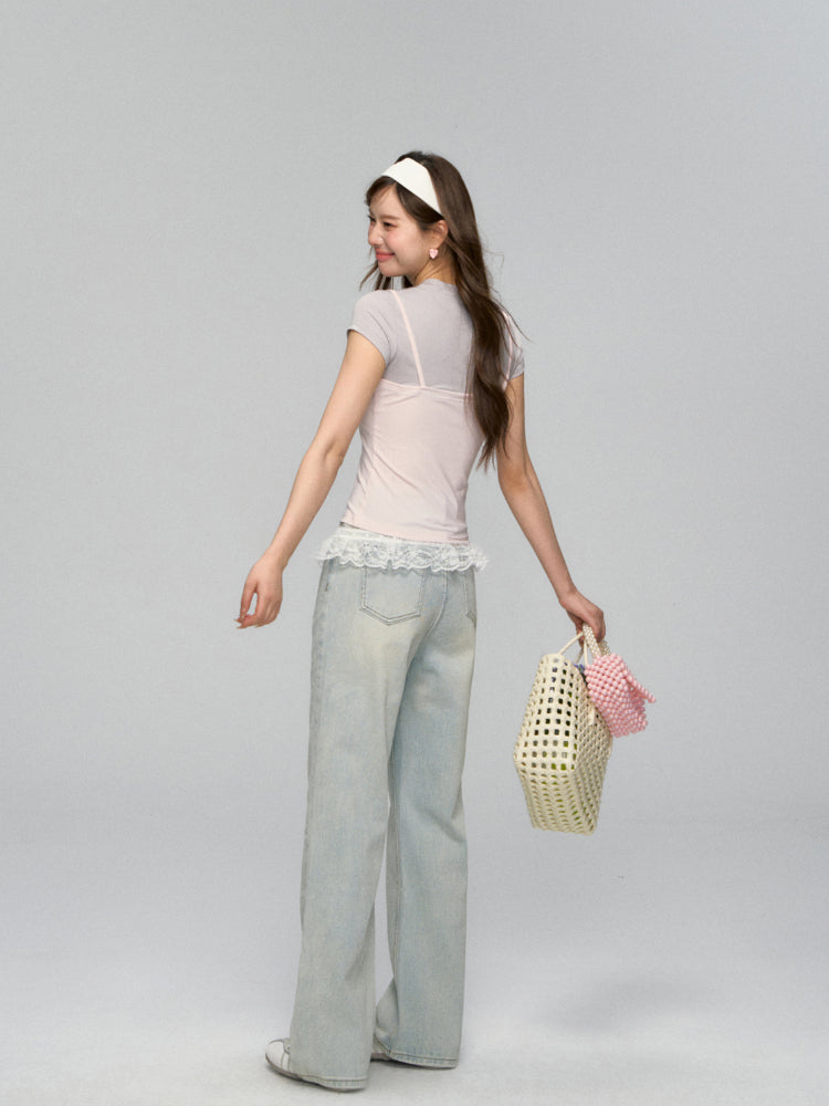 Lace-Trimmed Washed Straight-Leg Jeans Set - CHINASQUAD