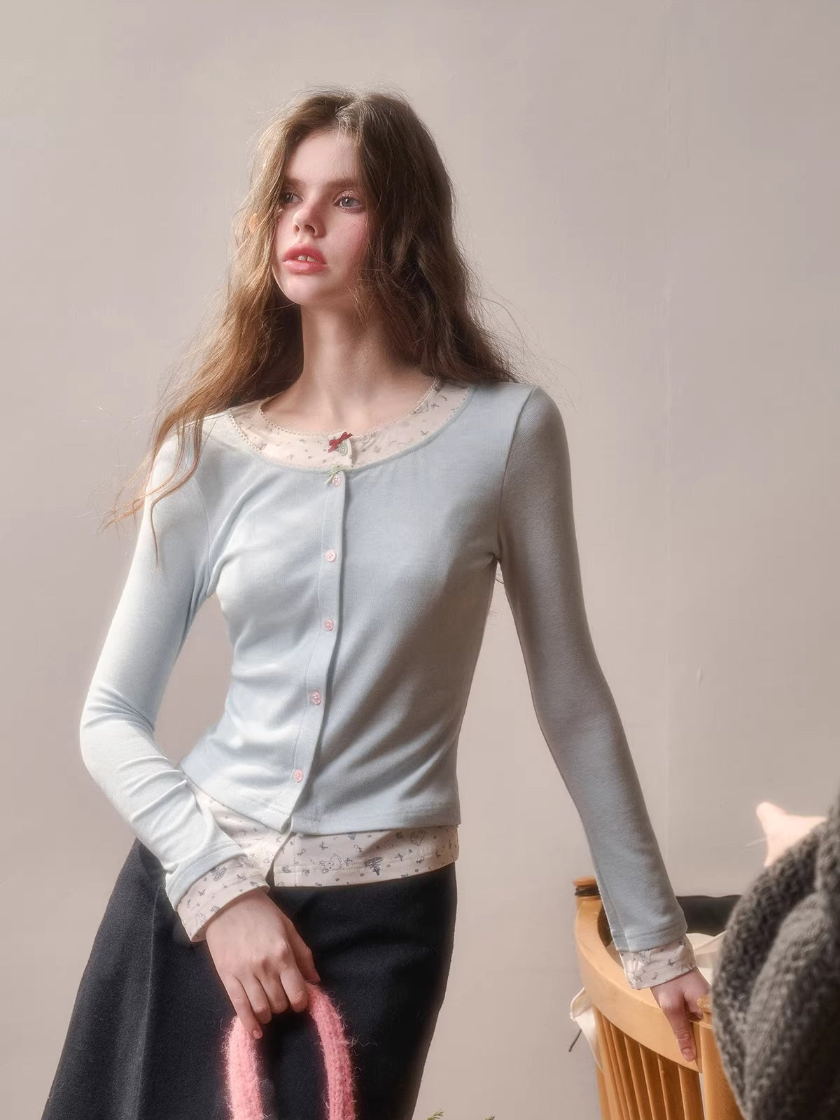 Cotton Layered-Effect Printed Cardigan