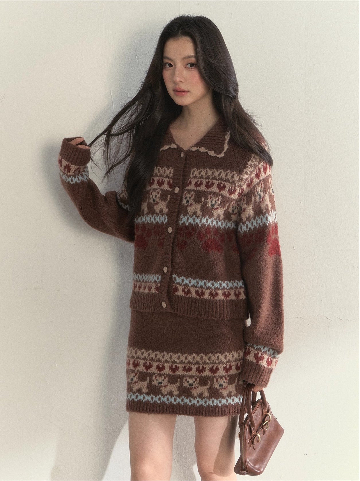 “Puppy Fair Isle” Vintage Knit Cardigan &amp; Skirt Set