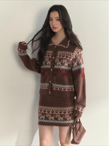 “Puppy Fair Isle” Vintage Knit Cardigan &amp; Skirt Set