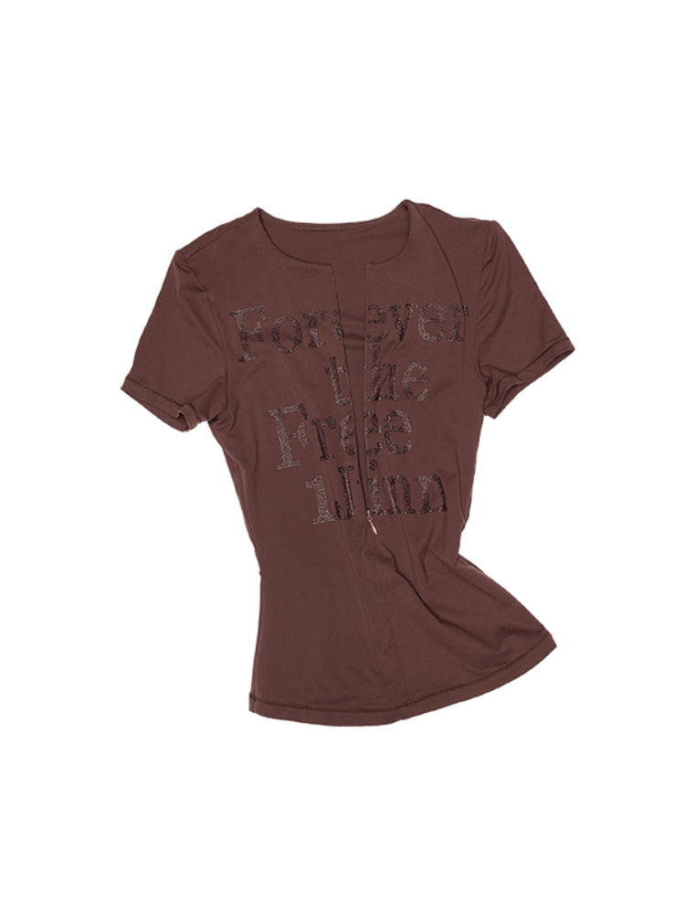 Floral Letter V-Neck Hidden Zip Hot-Fix T-Shirt - CHINASQUAD