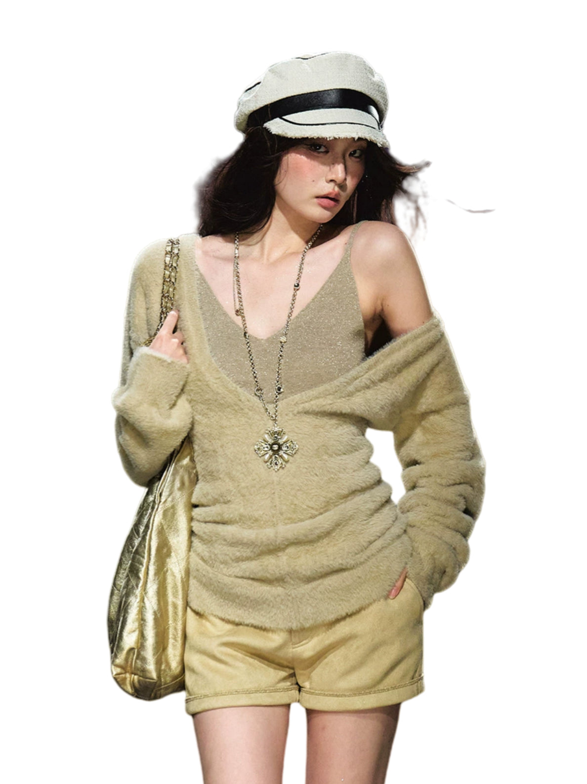 Shimmery Knit V-neck &amp; Camisole Two-Piece Set