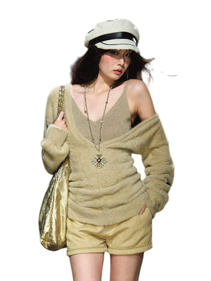 Shimmery Knit V-neck &amp; Camisole Two-Piece Set