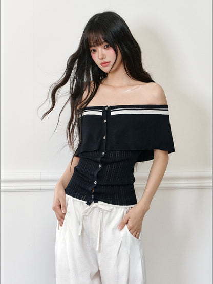 Color-block Off-shoulder Poncho-style Knit T-shirt - CHINASQUAD
