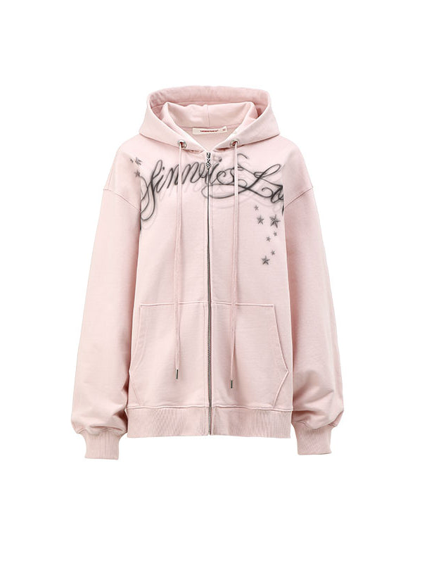 Spray-painted Letter Print Loose Zip-up Hoodie