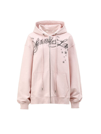 Spray-painted Letter Print Loose Zip-up Hoodie