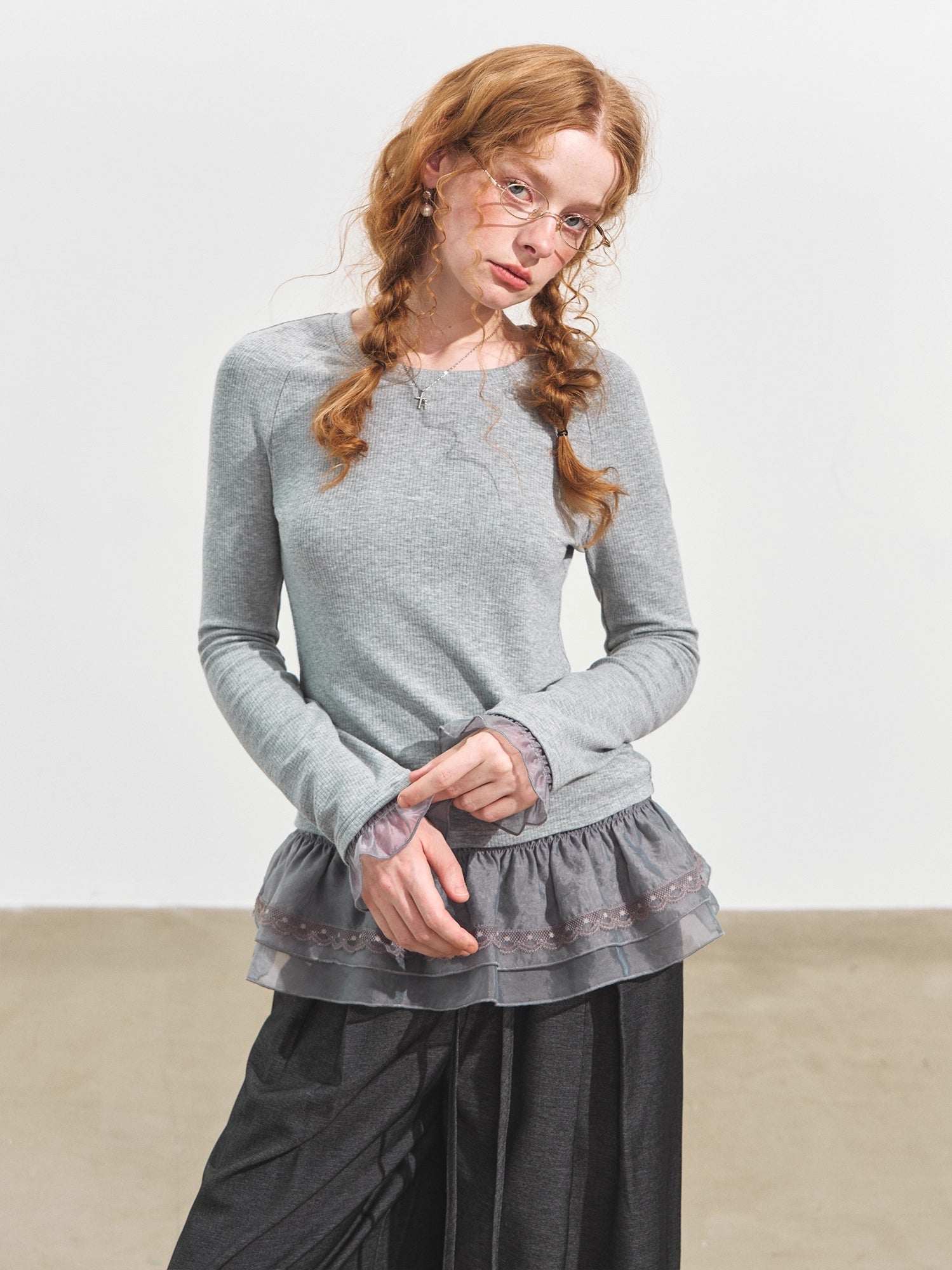 Double-Layer Ruffle Raglan Sleeve Fleece T-Shirt