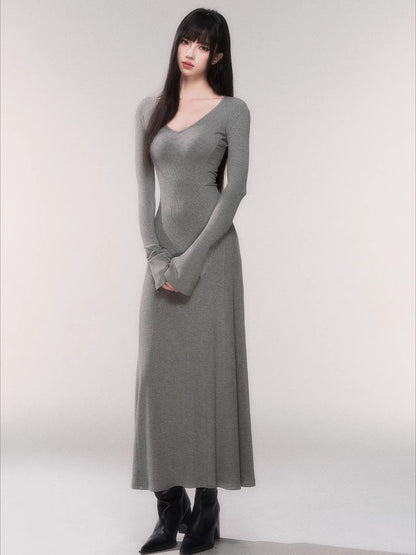 V-Neck Waist-Defining Knit Maxi Dress