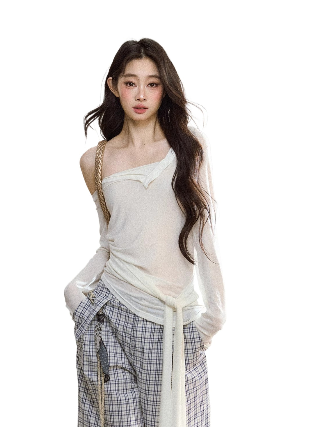 Asymmetric Shoulder Cross-Tie Knit T-Shirt