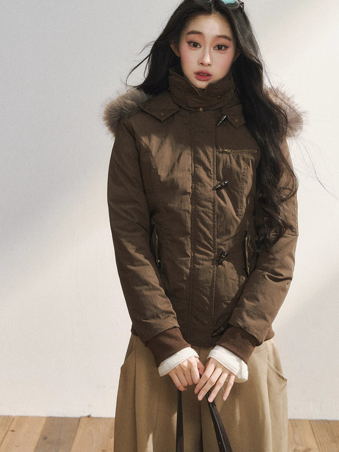 Two-Tone Faux Fur Collar Hooded Duffle Puffer Jacket