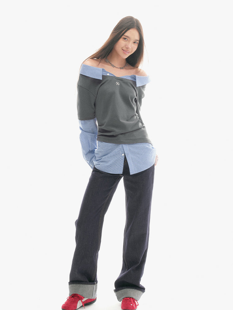 Off-shoulder Slimming Shirt Patchwork T-shirt