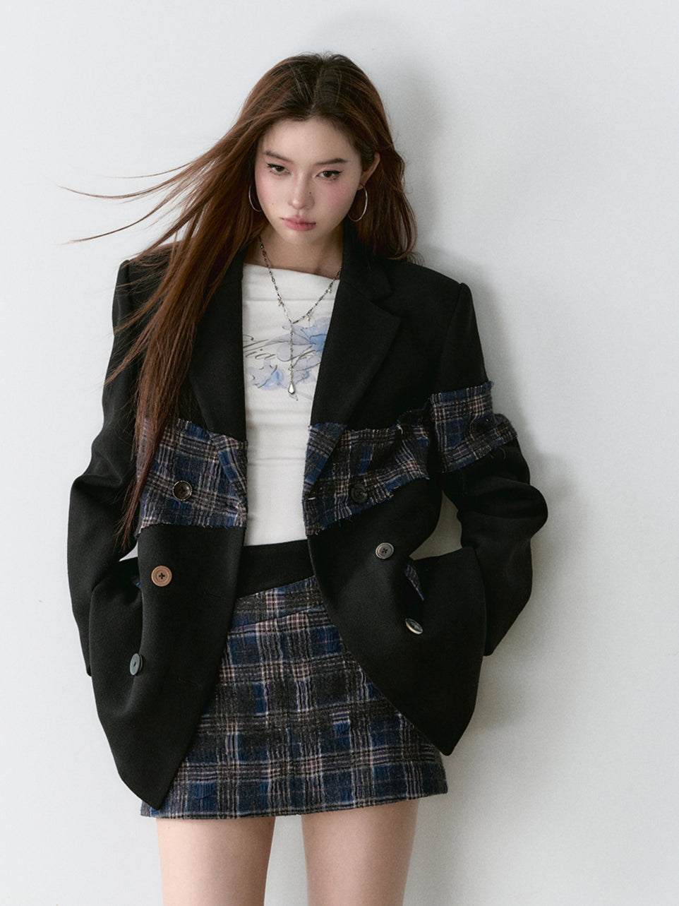 Plaid Button Patchwork A-Line Skirt