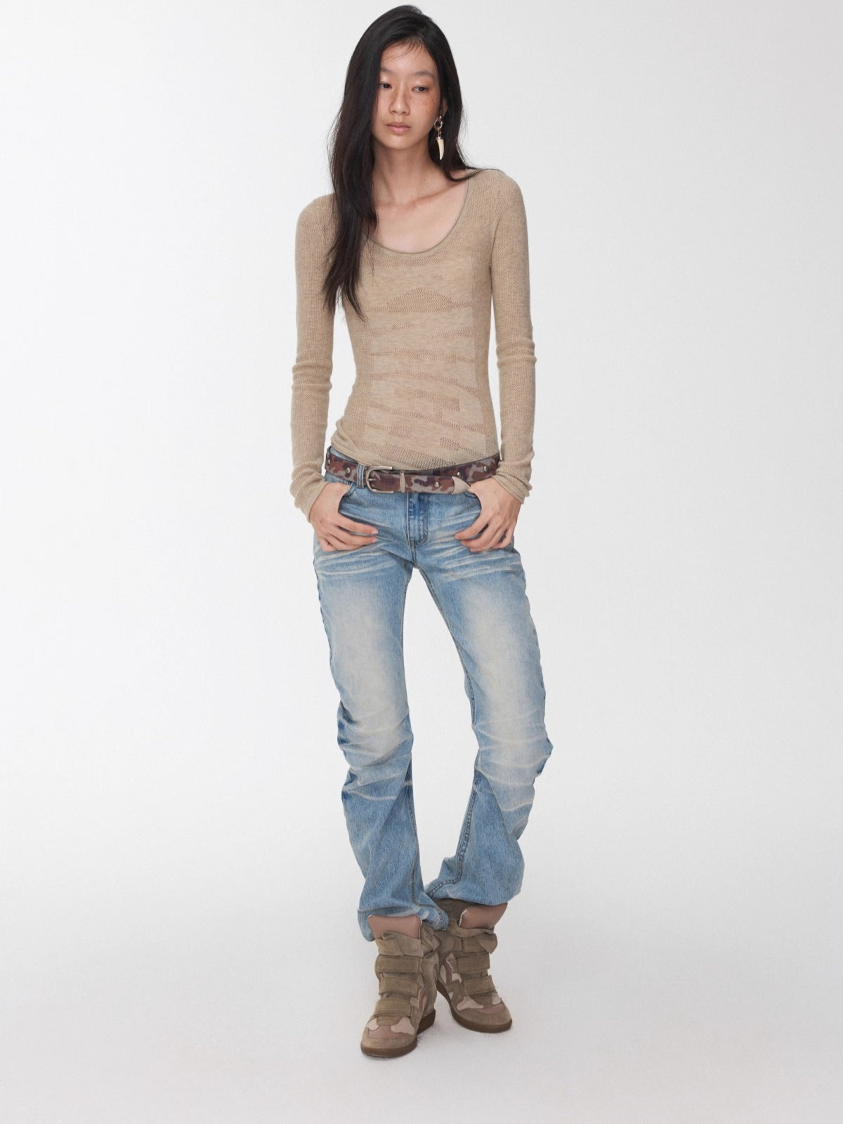 Vintage Pleated Washed Slim Curved Denim Pants