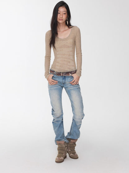 Vintage Pleated Washed Slim Curved Denim Pants