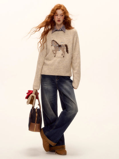 Wool Blend Horse Jacquard Embroidered Sweater