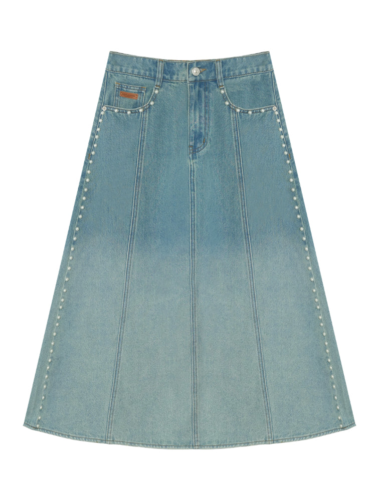 Beaded Washed Gradient Denim Skirt - CHINASQUAD