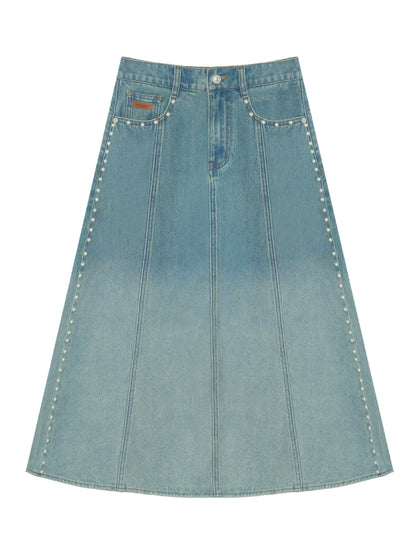 Beaded Washed Gradient Denim Skirt - CHINASQUAD