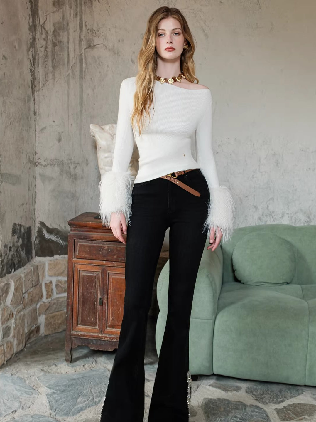 Asymmetric Off-Shoulder Slim-Fit Knit Base Layer