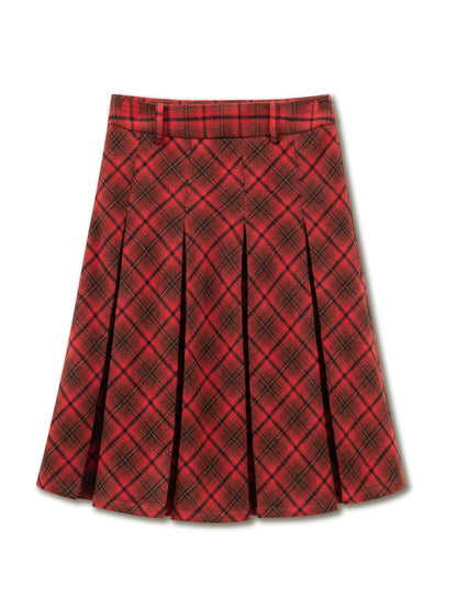 Vintage Red Plaid Wool Christmas Pleated Skirt