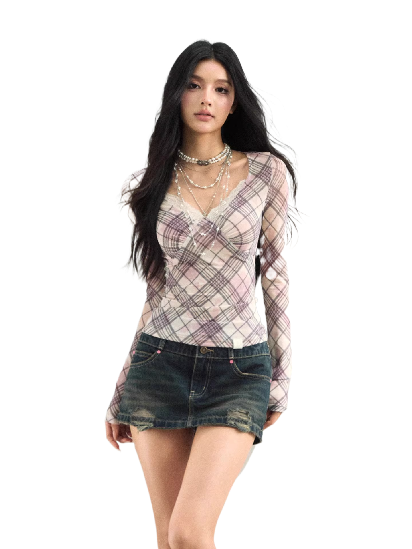Plaid Lace Trim Mesh Long Sleeve Top