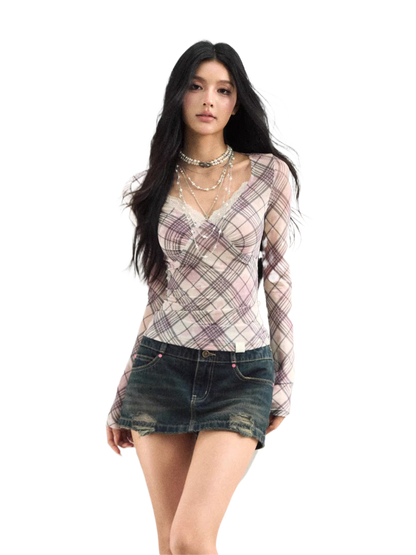 Plaid Lace Trim Mesh Long Sleeve Top