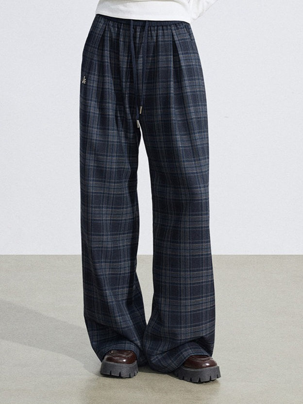 Elastic Waist Plaid Panel Wide-Leg Trousers