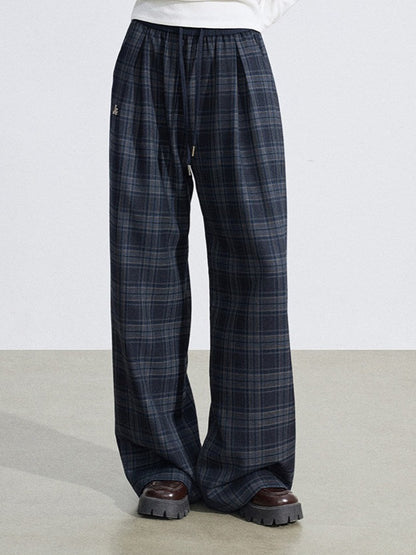 Elastic Waist Plaid Panel Wide-Leg Trousers
