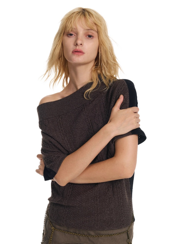 Diagonal Bat-Sleeve Knit Crewneck