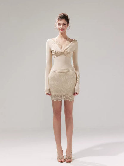 Lace Layered Knit Top &amp; Bodycon Mini Skirt Set