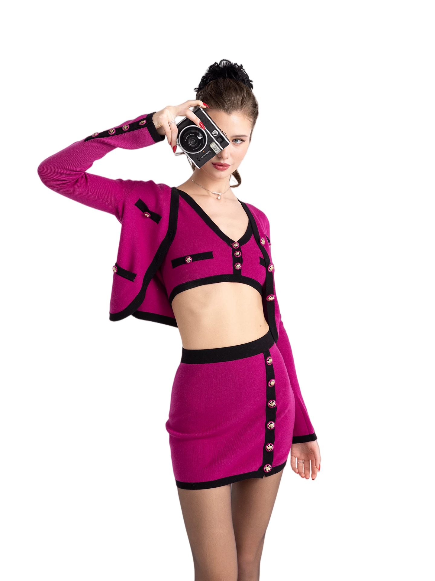 Vintage Contrast-Trim Knit Three-Piece Set