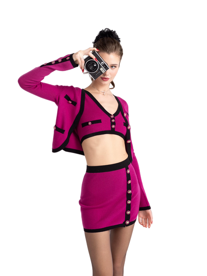 Vintage Contrast-Trim Knit Three-Piece Set