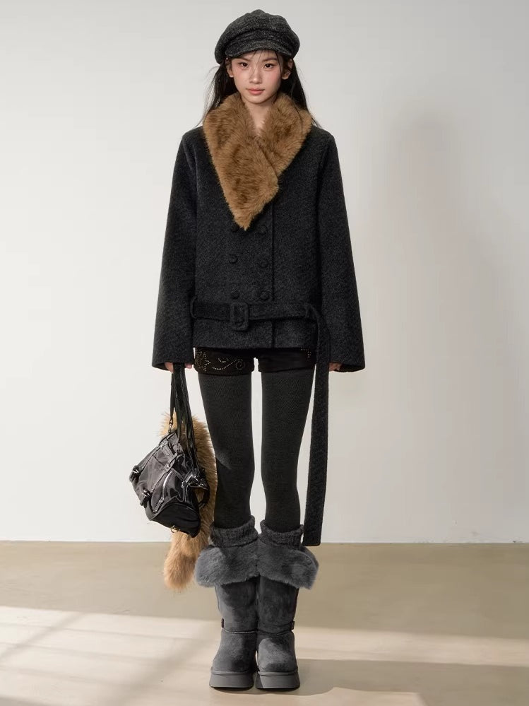 Fur-Collar Double-Breasted Wool Jacket