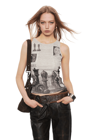 Reversible Newspaper Print Lace Panel Tank Top
