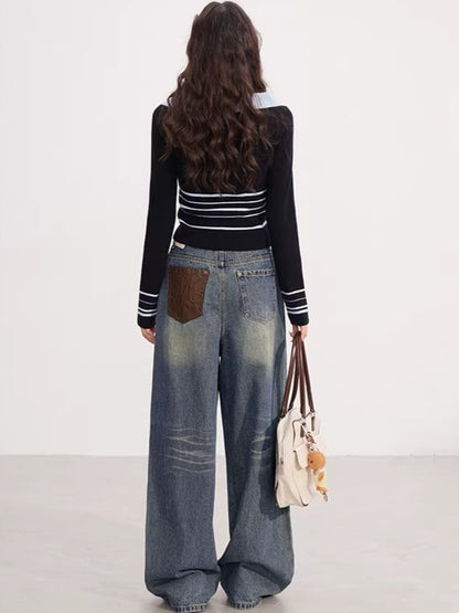 Contrast Collar Striped Knit Polo Top