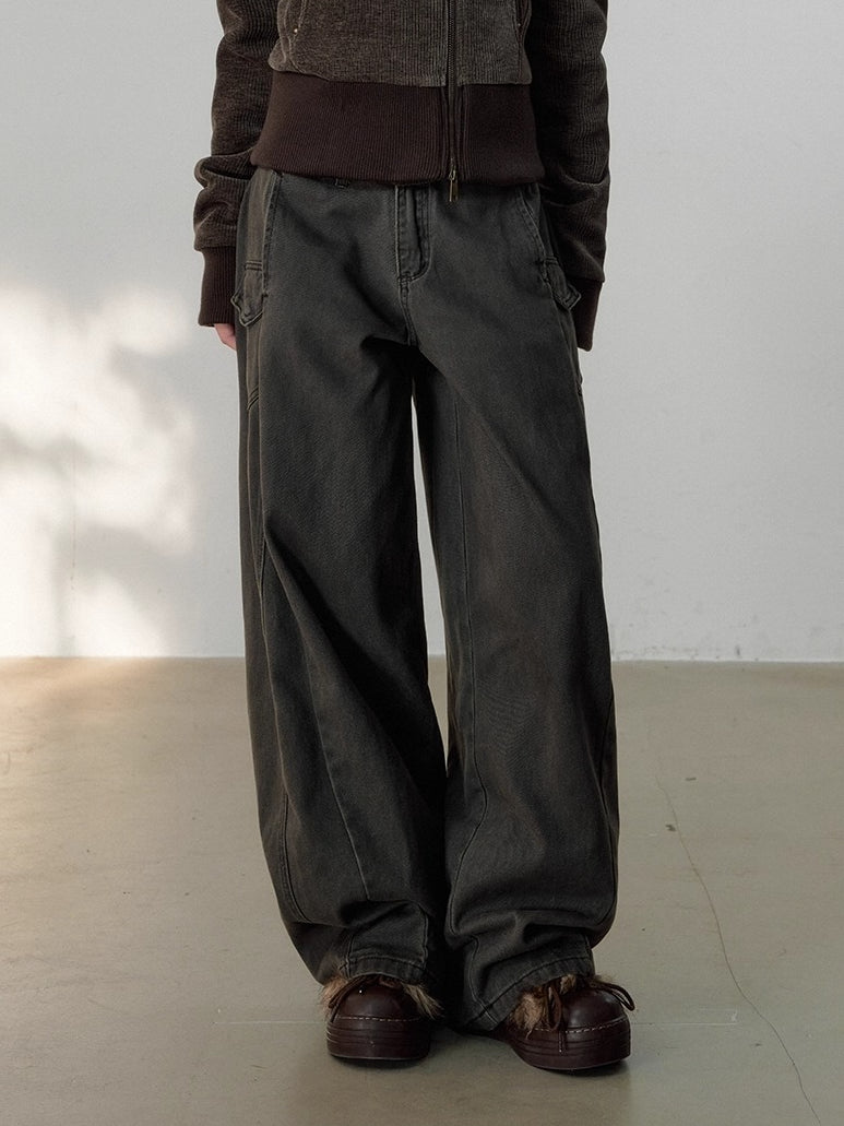 Vintage-Wash Curved Wide-Leg Pants