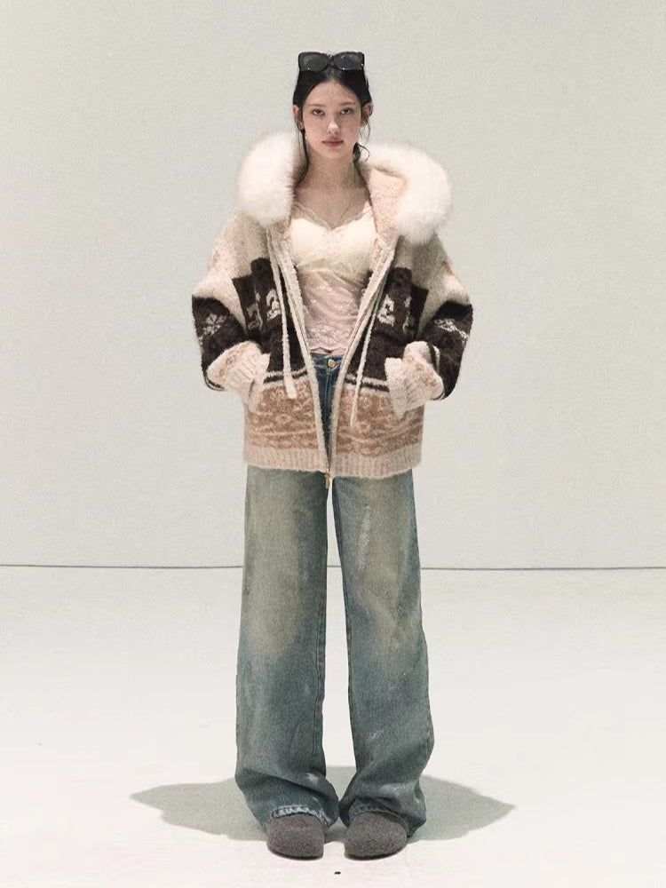 Detachable Fur-Collar Wool Hooded Cardigan