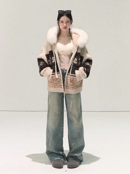 Detachable Fur-Collar Wool Hooded Cardigan