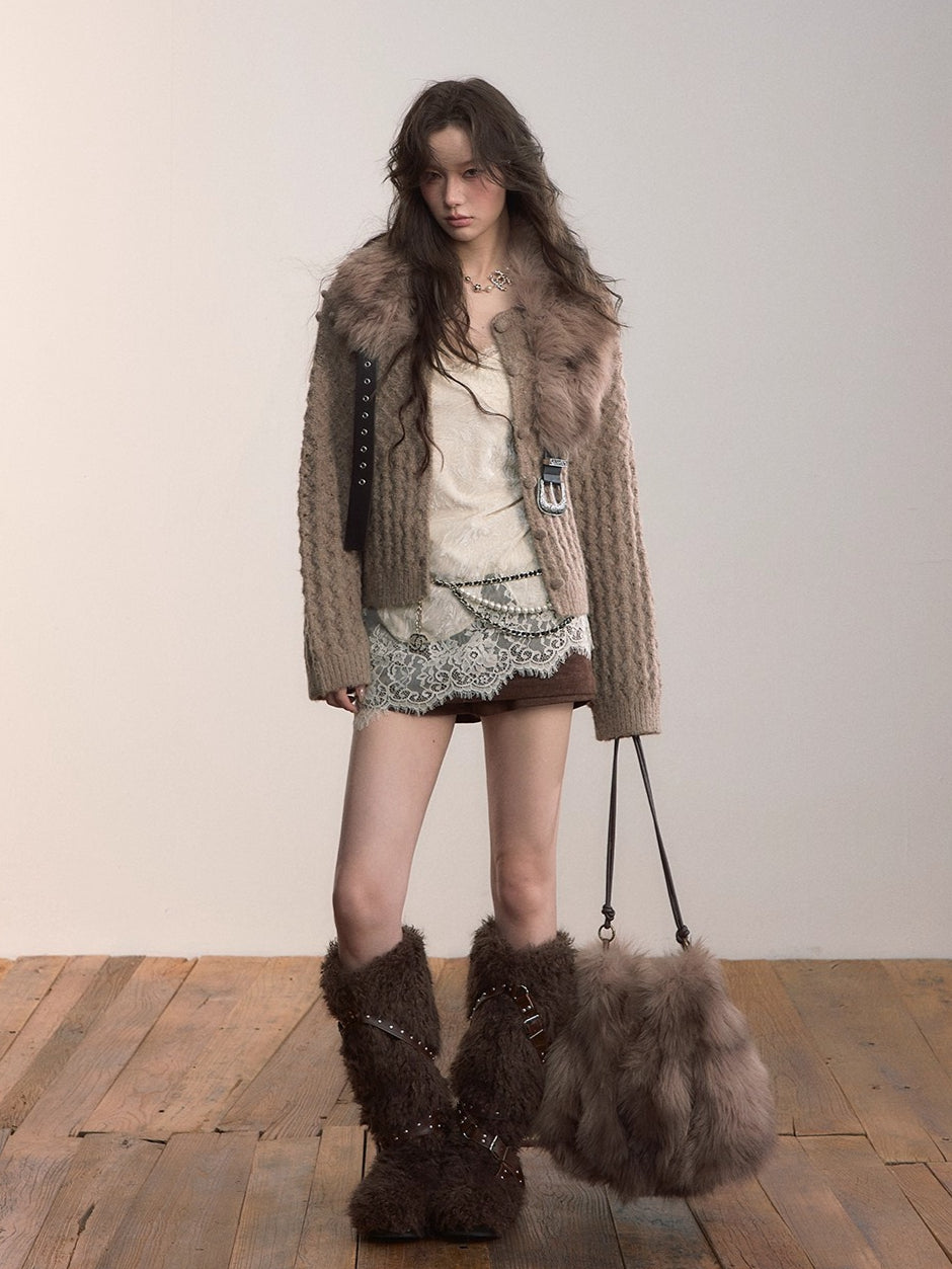 Textured Wool-Blend Cable Knit Cardigan