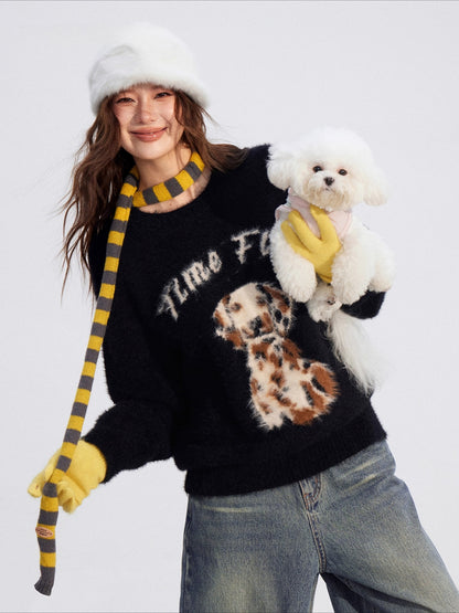 Cartoon Puppy Plush Knit Sweater
