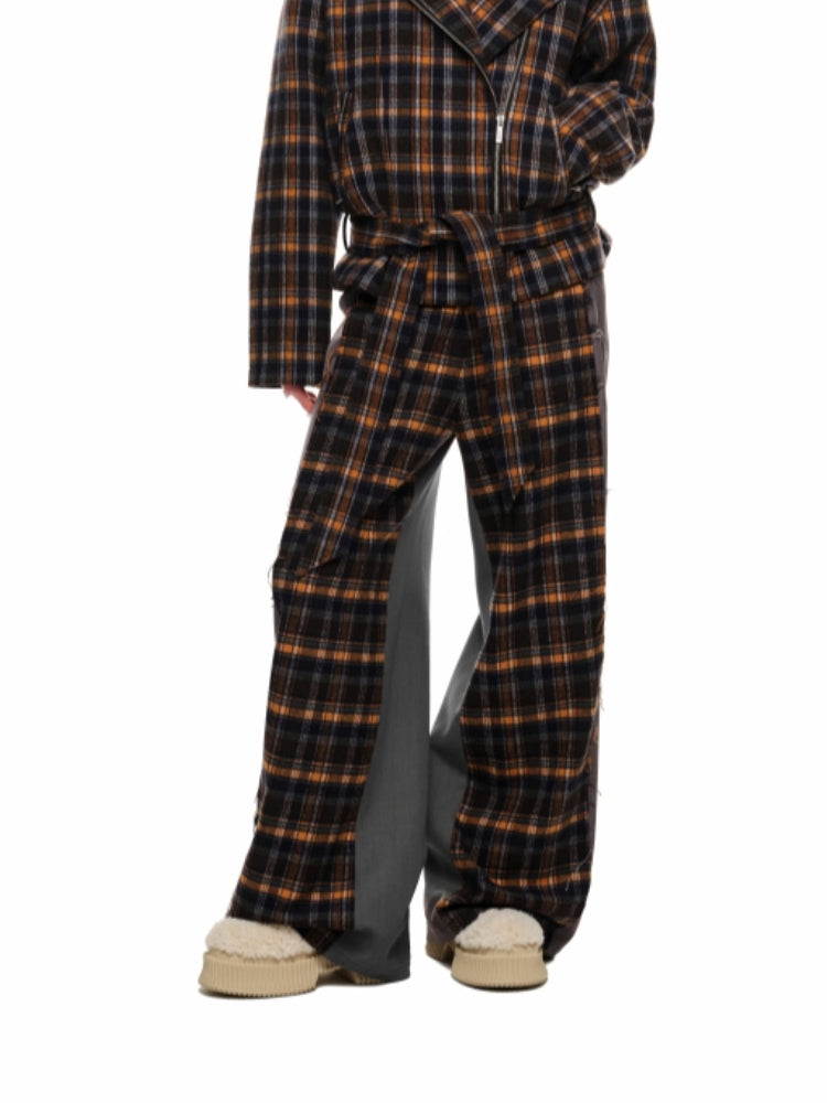 Plaid Color-Block Double-Waist Wide-Leg Pants