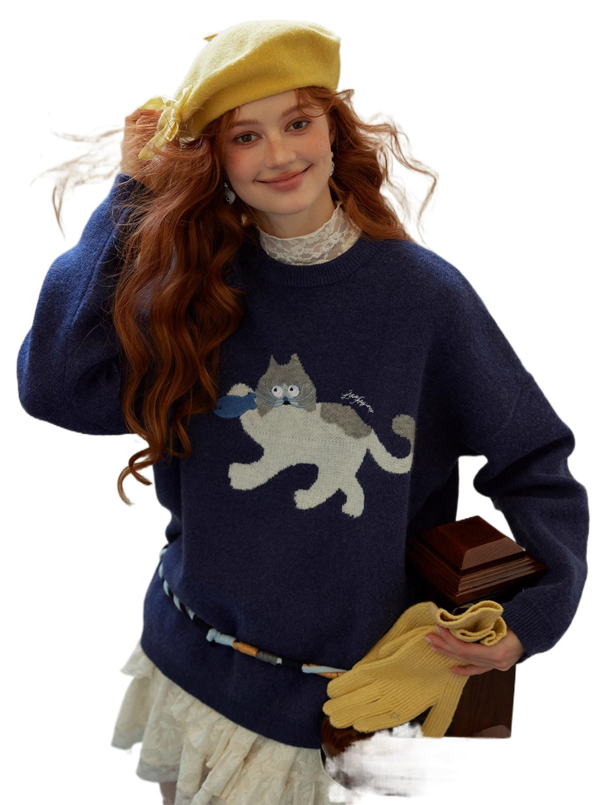 Cat Jacquard Embroidered Knit Sweater