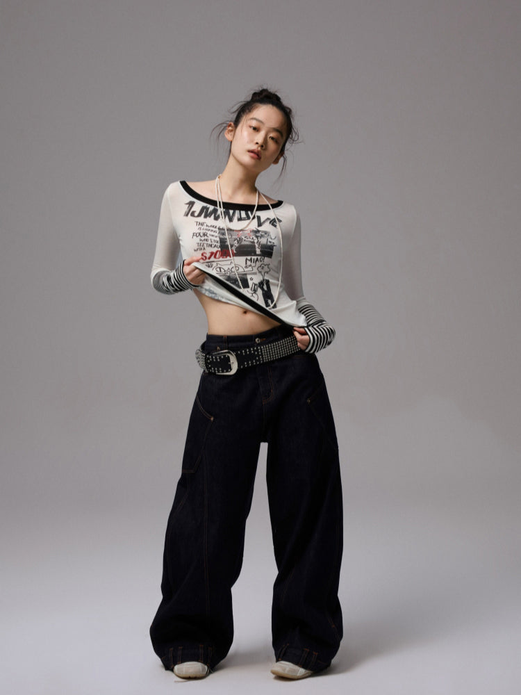 Striped Fake Two-Piece Graffiti Printed T-shirt - CHINASQUAD
