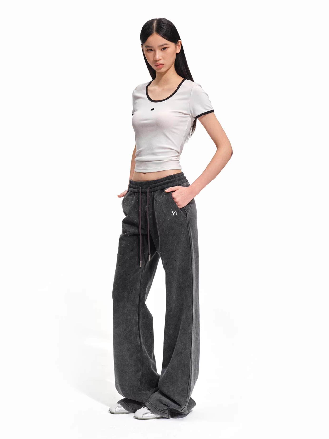 Crystal-Embellished Vintage Wash Cotton Straight-Leg Trousers