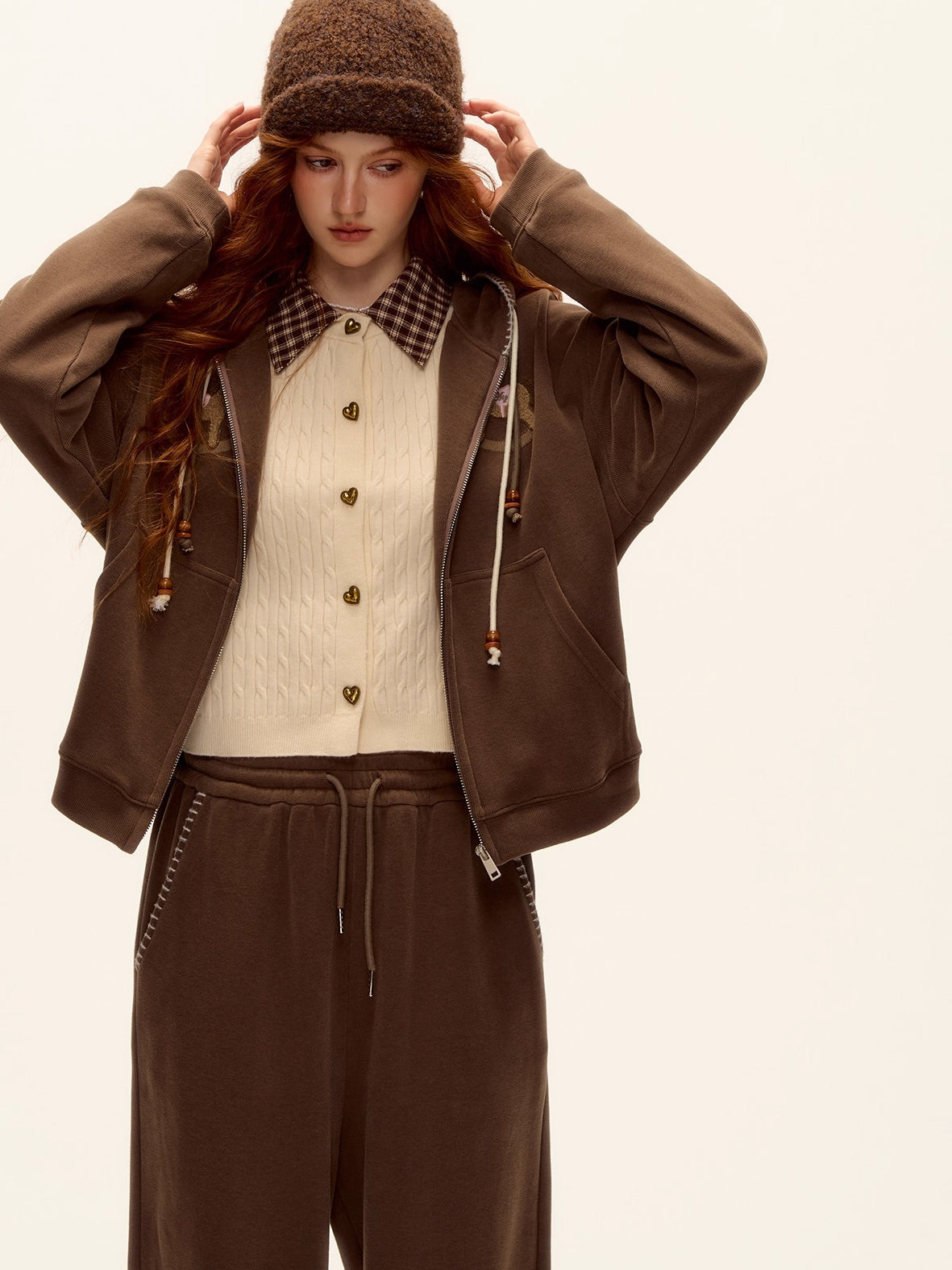 Embroidered Horse Beaded Zip-up Hoodie &amp; Pants Set