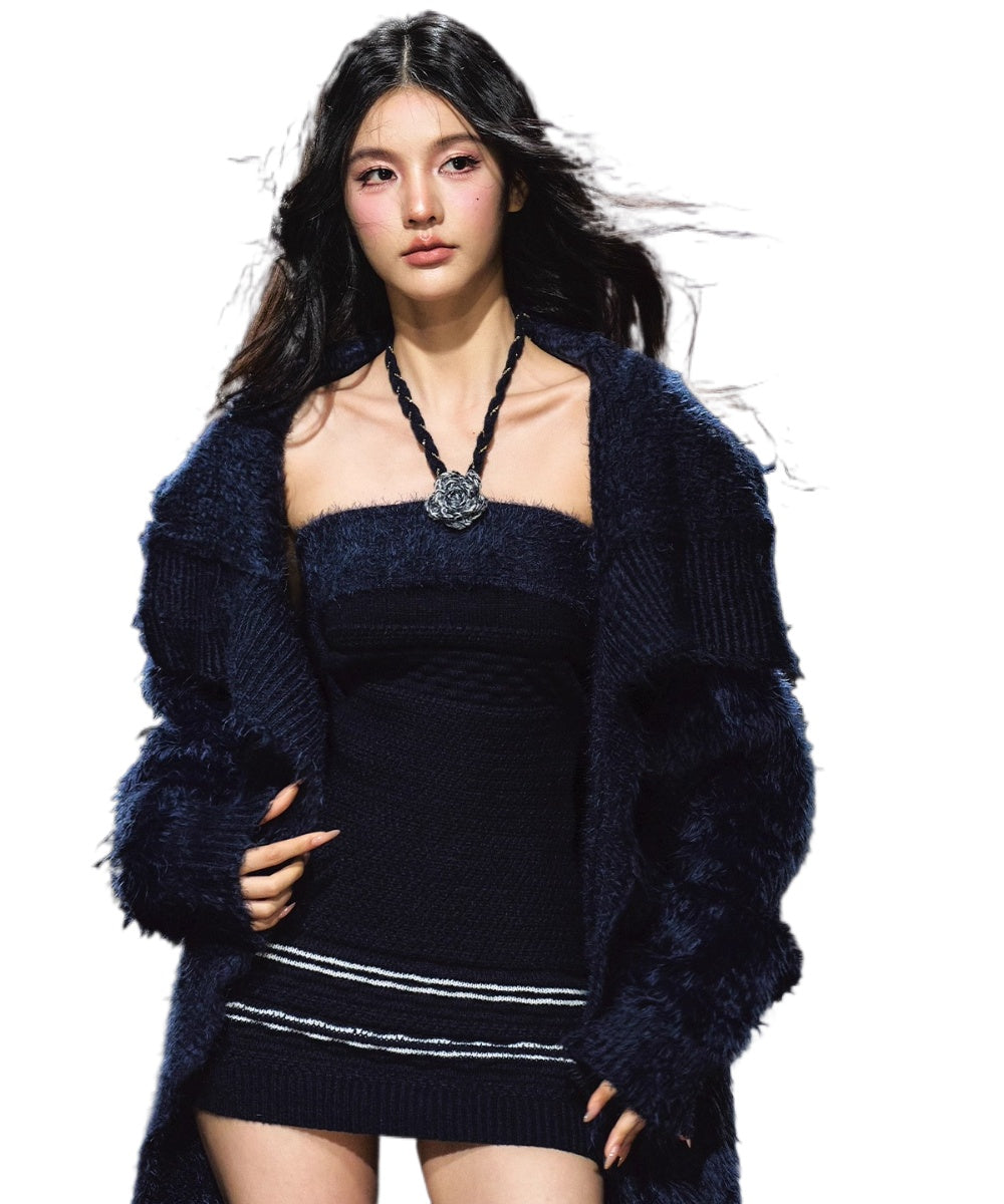 Contrast Knit Cardigan &amp; Hand-Crocheted Dress Set